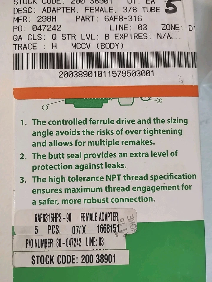 Hoke 3/8 Tube 316ss Female Adapter Fitting SS 6AF8-316 Lot Of 5 New - Image 2 of 4