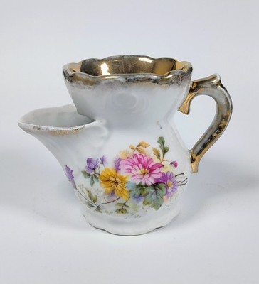 Antique 1880 Porcelain Shaving Scuttle Mug Floral Gold Gilt 4''