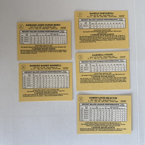 1985 Donruss Baseball Card Lot Seattle Mariners Danny Tartabull  27 Rookie +More - Picture 2 of 2