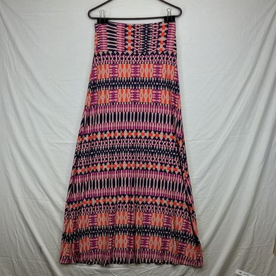 Soho Apparel Ltd Womens Geometric Ikat Print Maxi Skirt Navy Orange Pink Size M