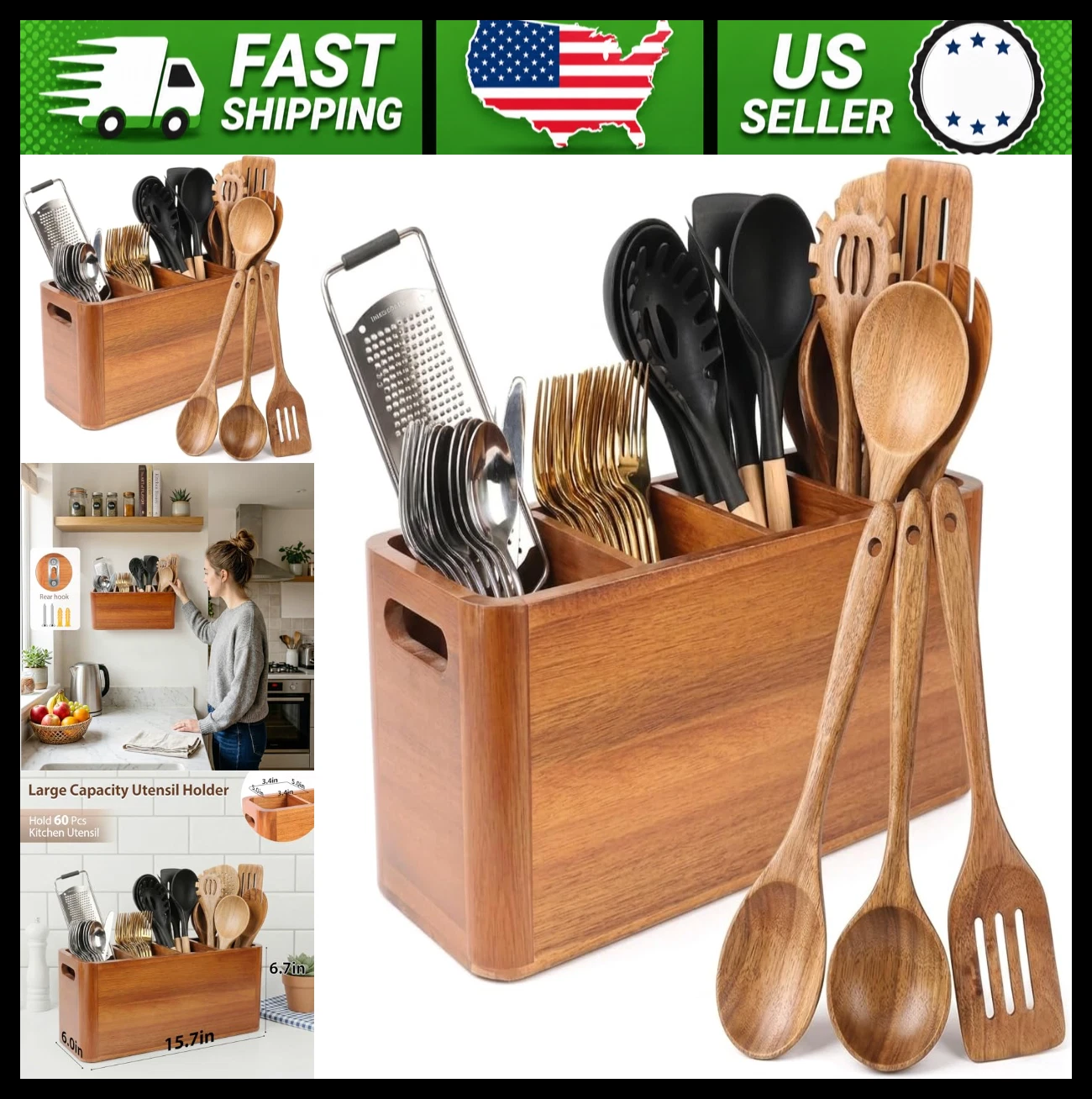 Acacia Wood Utensil Holder with 3-Piece Wooden Utensil Set, 4 Compartments