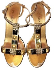 Prada Patent Leather T-Strap Gold Studded Accents Block Heels Sandals Size 36.5
