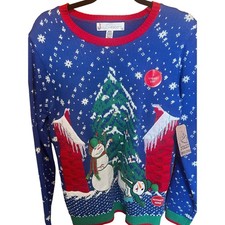Jolly Sweaters Ugly Christmas Sweater Snowman Light Up Blue Medium NEW