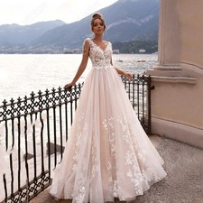 Champagne Sleeveless Wedding Dress A-Line Double V-Neck Applique Bridal Gowns