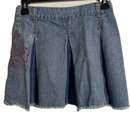 Jean Skirt Lucky Brand Graphic LB Vintage Pleats Size 12 Raw Hem Button Close - Picture 18 of 19