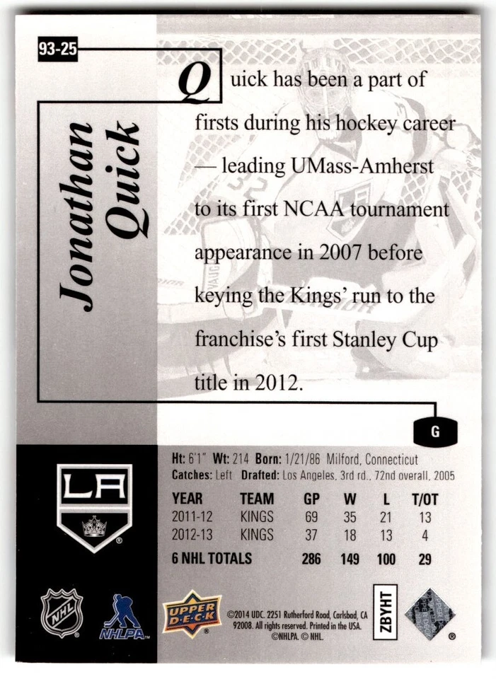 2013-14 SP Authentic '93-94 Retro Jonathan Quick #93-25 Los Angeles Kings - Image 2 of 2