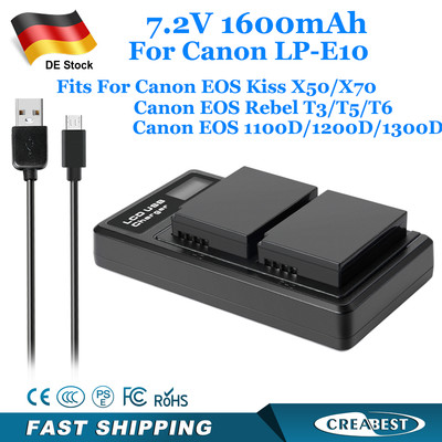 2Pcs LP-E10 Akku+Ladegerät Für Canon EOS 1300D 1200D 1100D Kiss X70 X50 T6 T5