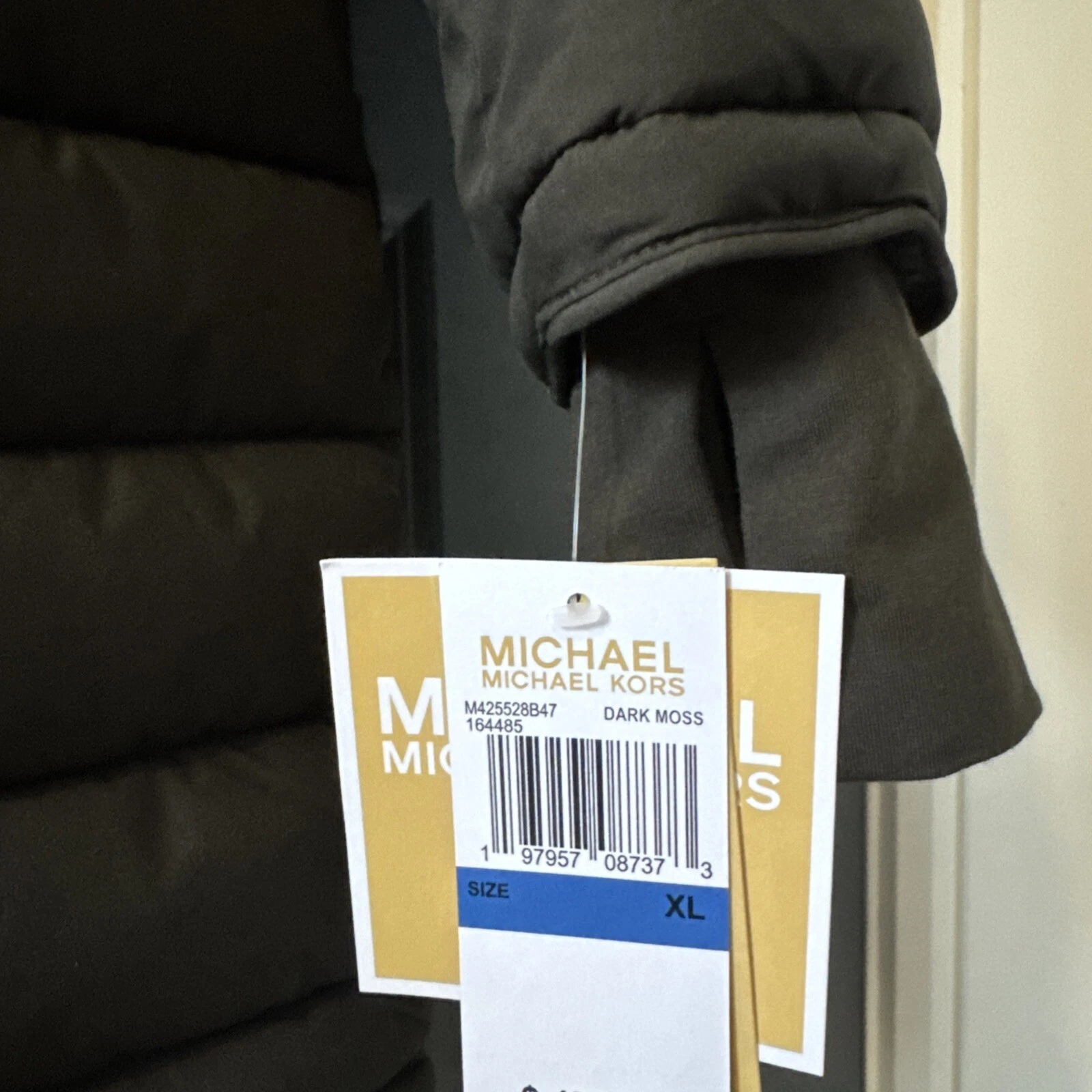 Cappotto caldo Michael Kors MK donna muschio scuro leggero con cappuccio XL nuovo