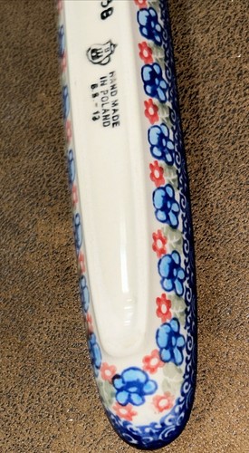 Polish Pottery Unikat Handcrafted Olive Boat Blue Floral Signed & Numbered 10” L - Picture 11 of 18