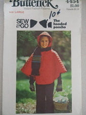 Vintage 1970s Butterick Pattern 4454 Youth Hooded Poncho Size L 12-14