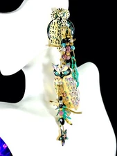 RARE 1989 LUNCH AT THE RITZ  SNOW OWL ENAMEL BEAD 5.25" DANGLE CLIP EARRINGS