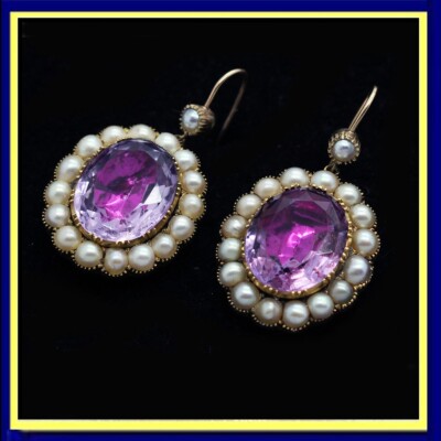Antique Georgian Earrings Amethysts Pearls 15ct Gold Drop close backed (5381)