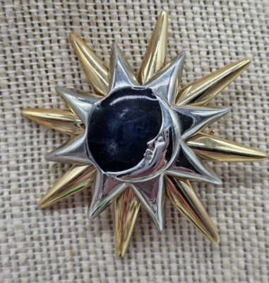 Vintage Liz Claiborne Brooch Sun Crescent Moon  Silver Gold Tone Blue Cabochon 