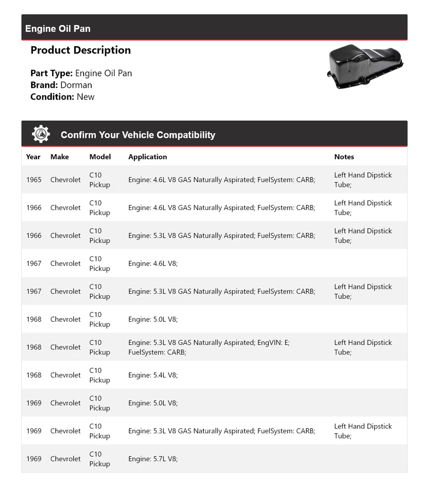 Chevrolet C10 1965-1969 camioneta motor Dorman cárter de aceite 1966 1967 1968 Foto 2 de 4