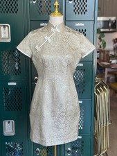 Vintage Brocade Cheongsam Dress Cream Silver mini