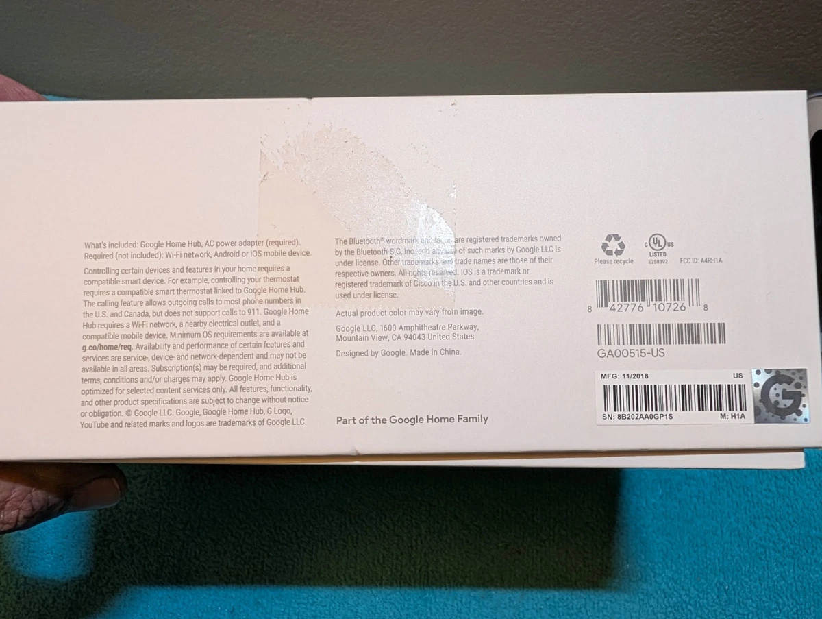 Pantalla inteligente Google Home Hub - Tiza (GA00515-US) - Nueva caja abierta, película de pantalla