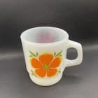 Vintage Anchor Hocking Fire King Stacking Mug Orange And Red Flowers Milk Glass
