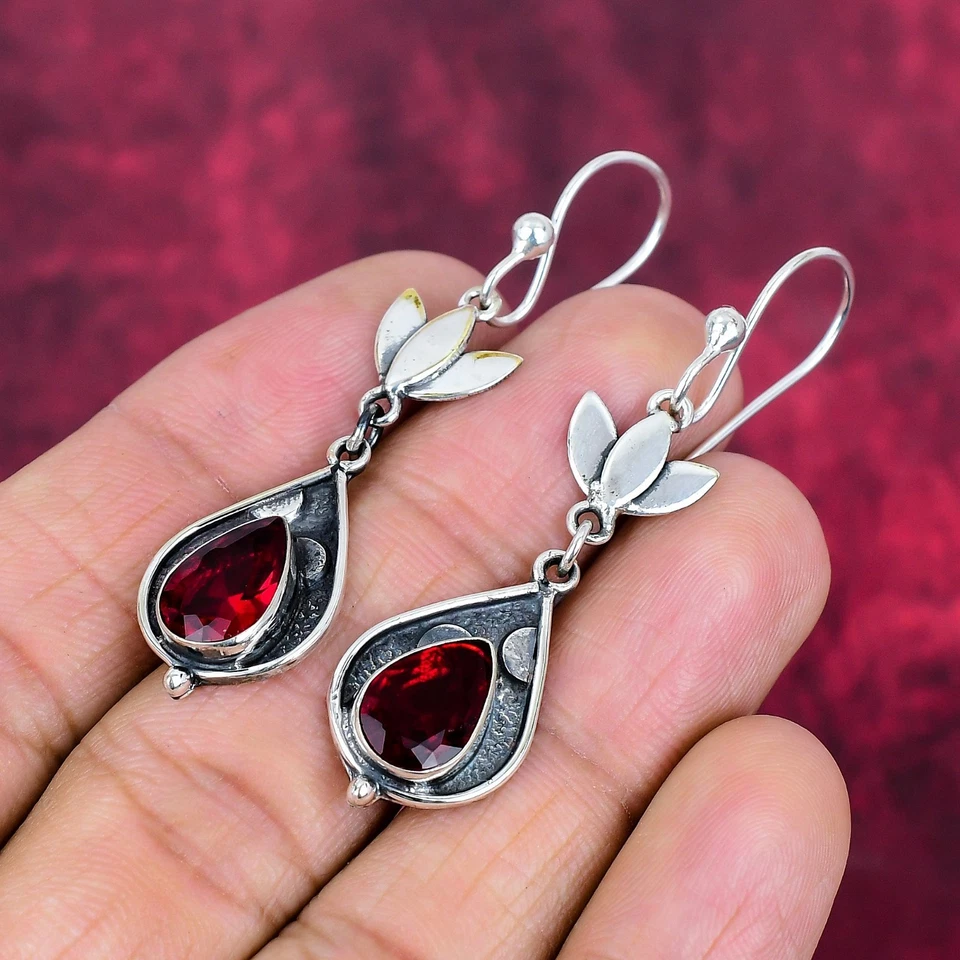 Garnet Gemstones Handmade 925 Sterling Silver Jewelry Earring For Thanksgiving - Image 2 of 4