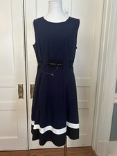 Calvin Klein Belted Fit and Flare Dress Womens Size 10 Blue Classic Preppy NWT