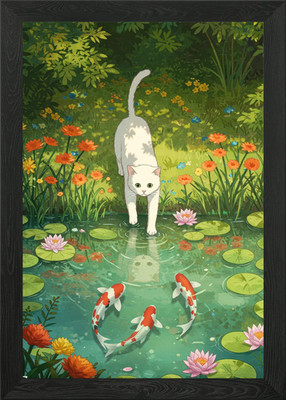 Katze und Koi Teich Illustration gerahmtes Wandbild Poster Leinwanddruck Bild