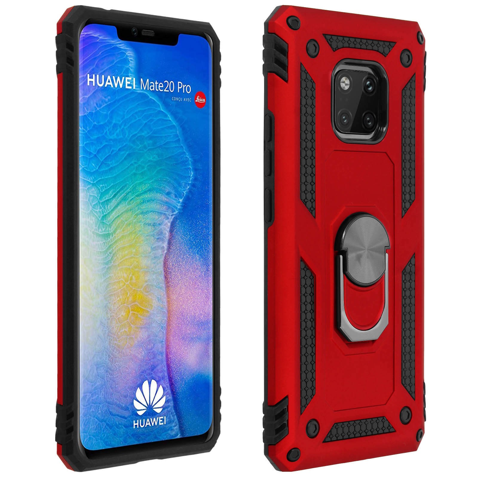 Coque Antichoc Huawei Mate 20 Pro Rouge avec Anneau Rotatif pour Support Magnétique