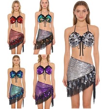 Womens Dancewear Skirt Set 2-piece Outfits Waist Shiny Tassel Belly Performance