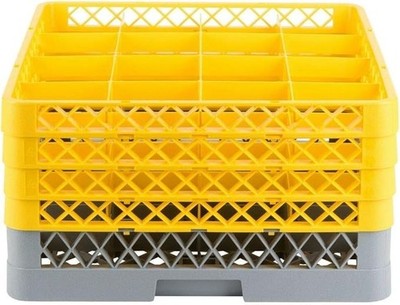 16-Compartment Food Service Full-Size Glass Rack W/ 4 Yellow Extenders,BASE:GRAY