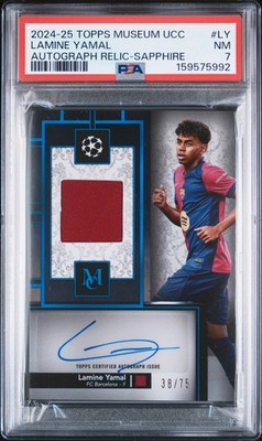 Lamine Yamal Topps Museum UCC Patch Auto Relic Sapphire /75 PSA 7 Match-Worn