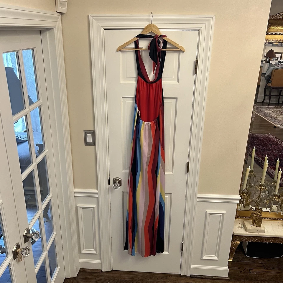 Judith March Rainbow Stripe Maxi Halter Dress Large Backless Resortwear Flowy - Image 3 of 4