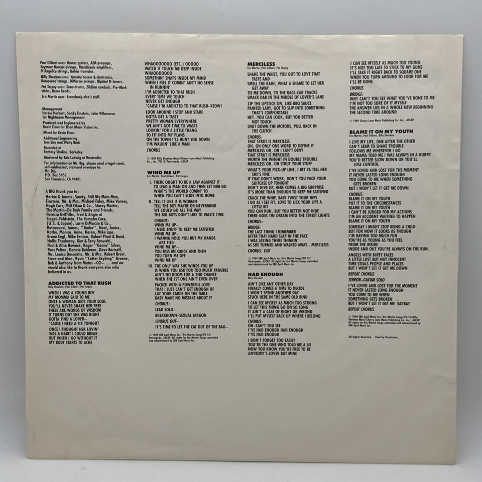 Mr. Big - Self Titled  - 1989 EURO 1st Press Album (NM-) Ultrasonic Clean - Image 4 of 4