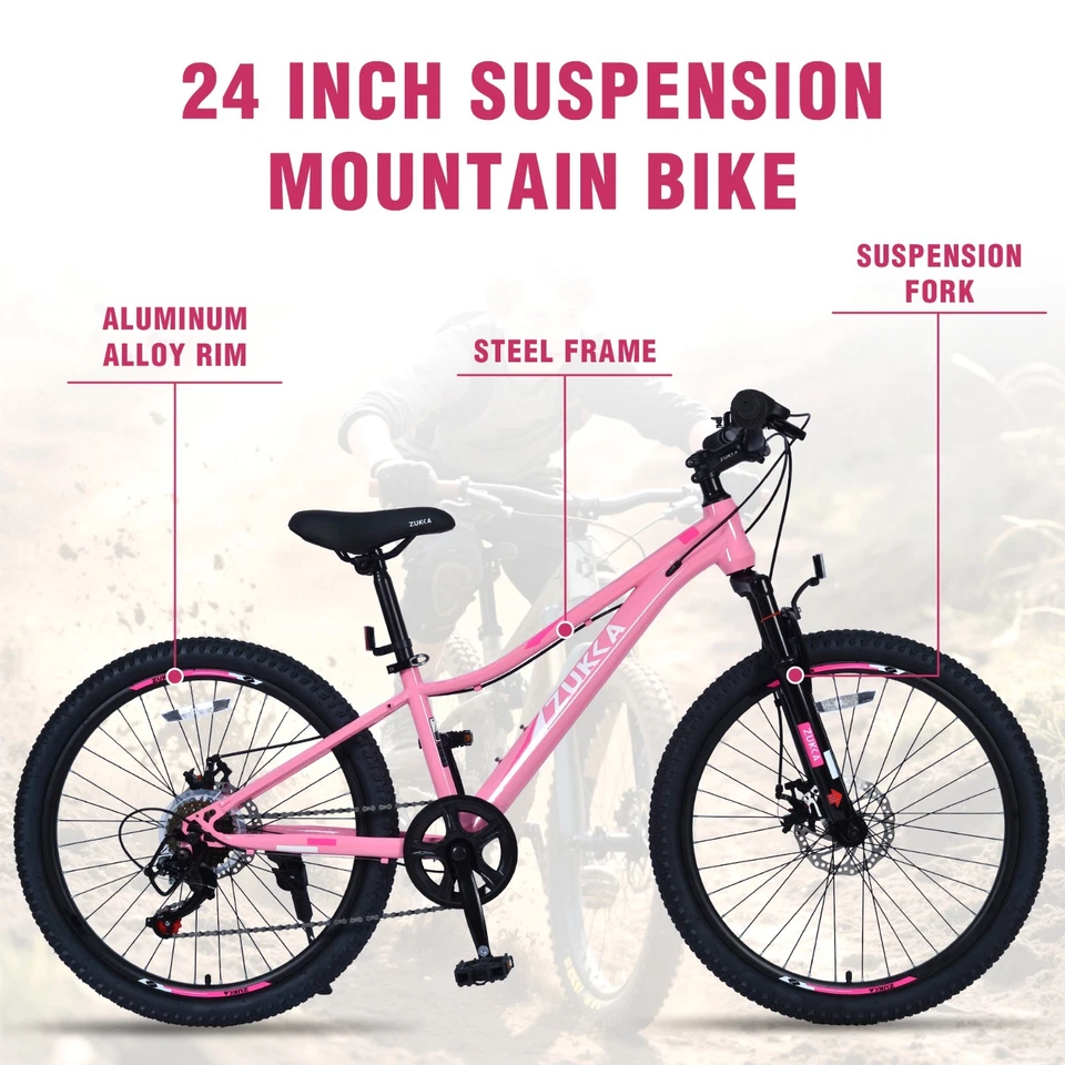 MEGHNA 24 Inch Mountain Bike 6 Speed Kids Bike Steel Frame,Pink - Image 2 of 4