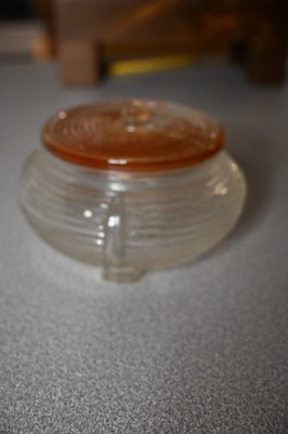 Vintage Art Deco Ribbed Round Powder Jar - pink Lid