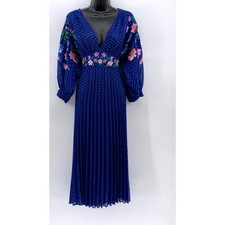 ASOS DESIGN Women’s Royal Blue Pleated Embroidered Floral V-Neck Maxi Dress SZ 6