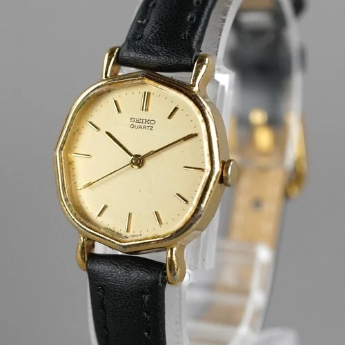 SEIKO Vintage 1421-5540 Women's Watch Gold 23mm New Battery New Leather Band