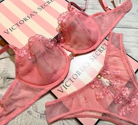 Victoria&rsquo;s Secret 3D Floral Embroidered Sheer Pink Hope Bra & Matching Panty Set