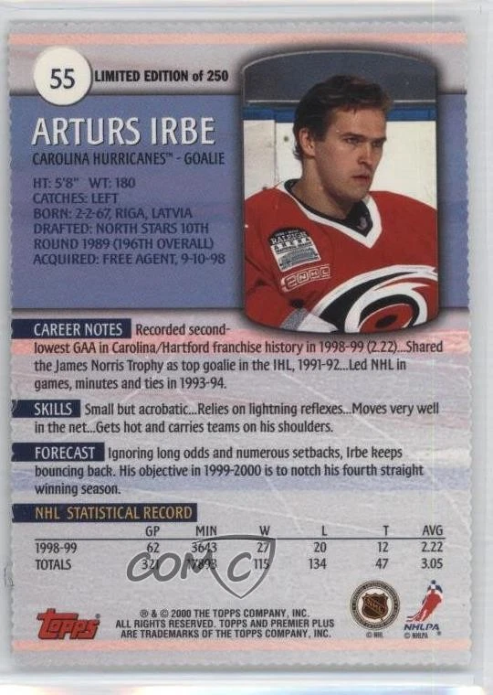 1999-00 Topps Premier Plus Foil /250 Arturs Irbe #55 - Image 2 of 2