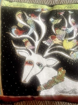 Laurel Burch Oh Deer Reindeer Birds Tapestry 17x17 Throw Pillow Velour Back