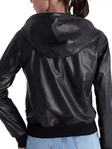 Women's Best-Selling Trending Reversible Black Bomber Leather Jacket with Hood - Picture 7 of 10