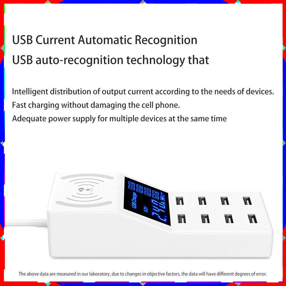 8-Port USB Hub with Wireless Charging Pad & Non-Slip Base 5V8A 8-Port USB Hub with Wireless Charging Pad & Non-Slip Base 5V8A