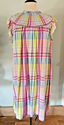 NWT Crown & Ivy Smocked Ruffle Sleeveless Shift Dress Multi Pastel Plaid SZ XL