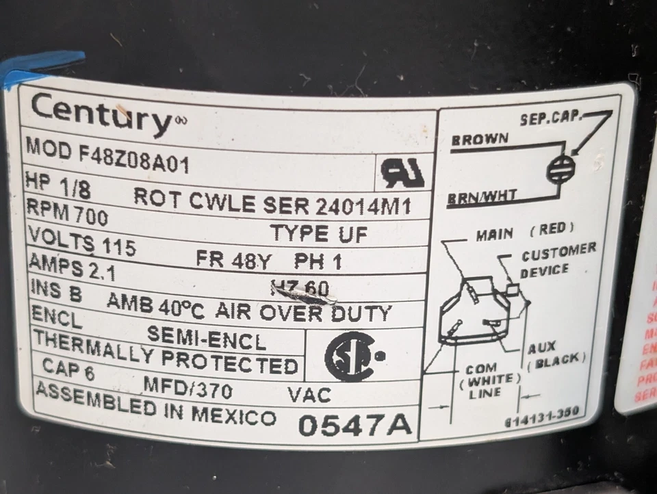 Motor de repuesto Century 0547A F48Z08A01 1/8HP, 1PH, 700RPM, 115V, 2.1A Foto 4 de 4