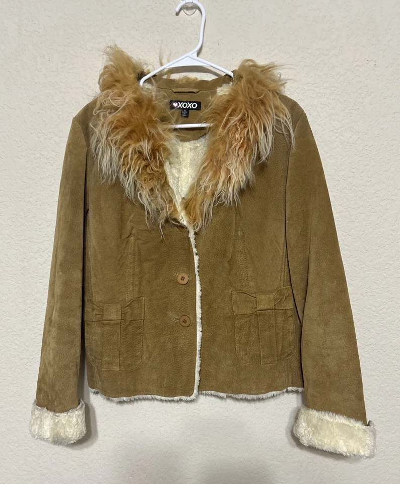 Chaqueta de cuero vintage XOXO con cuello de piel forrada para mujer talla XL tostada Y2K años 90 Foto 3 de 4