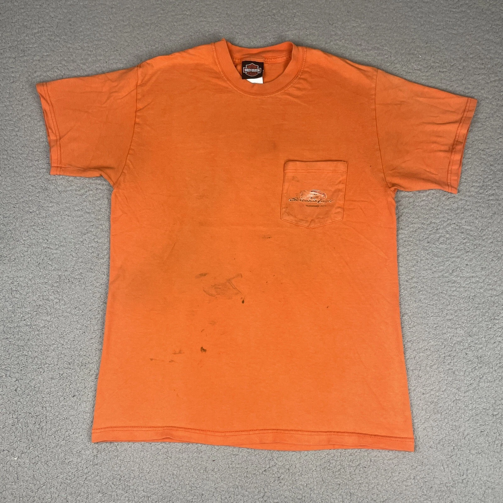 Vintage Harley Davidson Tshirt Adult Medium Orange Pocket Distressed NY Med*