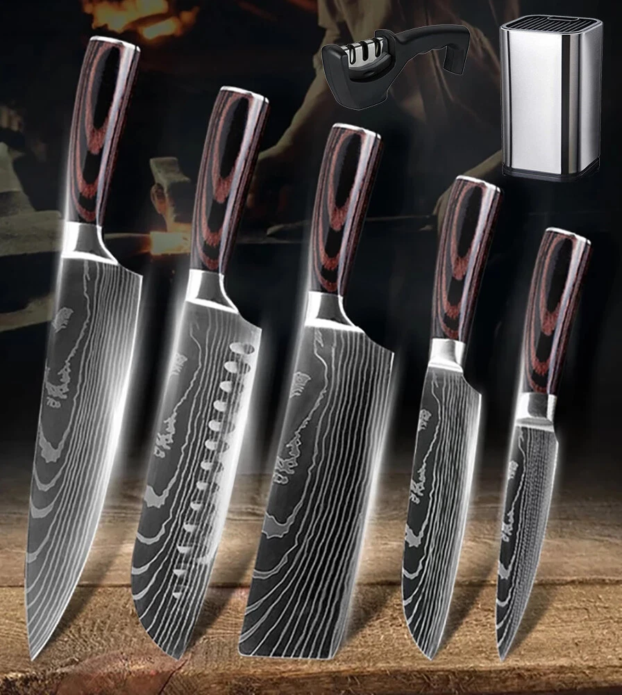 5Pcs Japanese Kitchen Knife Set Pro Chef's Knives w/ Knife Holder+Sharpener  US