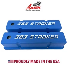 383 STROKER Chevy Valve Covers Blue Raised Logo - SBC Tall - Ansen USA