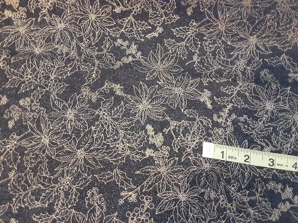 Forest Frost Poinsettia Black with Gold Glitter 100% Cotton Fabric BTY - Image 3 of 3