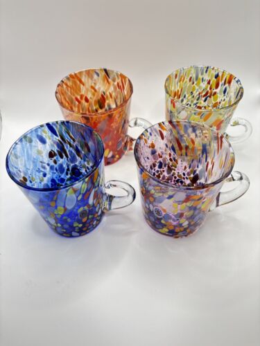 Hand Blown Multi Color Confetti Art Glass Mugs Set of 4 Murano Style