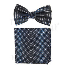 Men's Pre-tied Bow Tie  hankie set herringbone black blue wedding formal