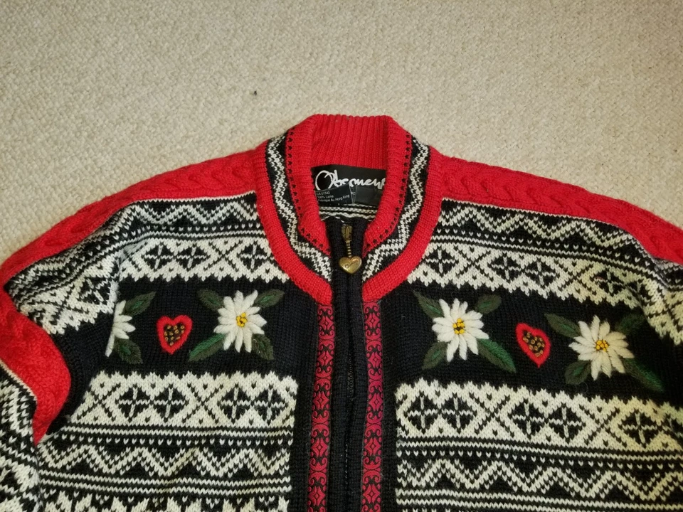 Suéter VINTAGE Mujer-OBERMEYER-negro/rojo Lana Nórdica "Ingrid" Cárdigan-S/M Foto 2 de 4