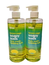 Lot 2 BLISS Lemon + Sage SOAPY SUDS Body Wash+Bubbling Bath 16 oz/473.2ml CANADA